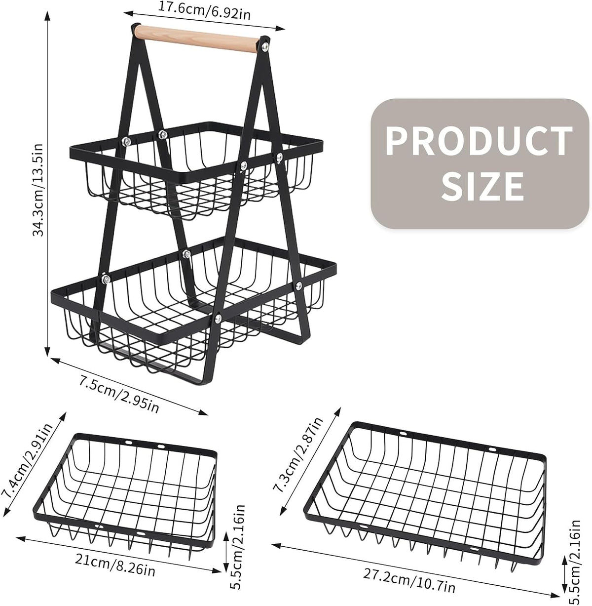 Detachable 2 Tier Fruit Basket for Kitchen Counter, Stainless Steel | Suitable for sorting produce, bread, and snacks in black rectangular baskets with a wooden carry handle for easier access