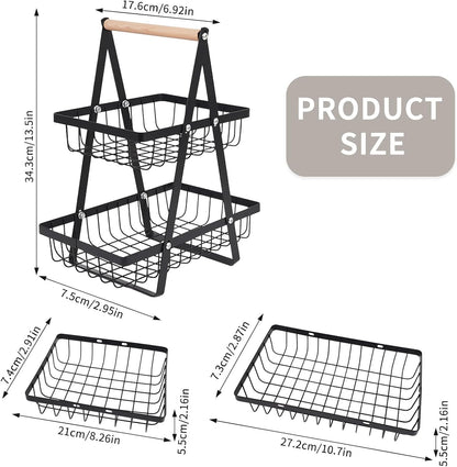 Detachable 2 Tier Fruit Basket for Kitchen Counter, Stainless Steel | Suitable for sorting produce, bread, and snacks in black rectangular baskets with a wooden carry handle for easier access
