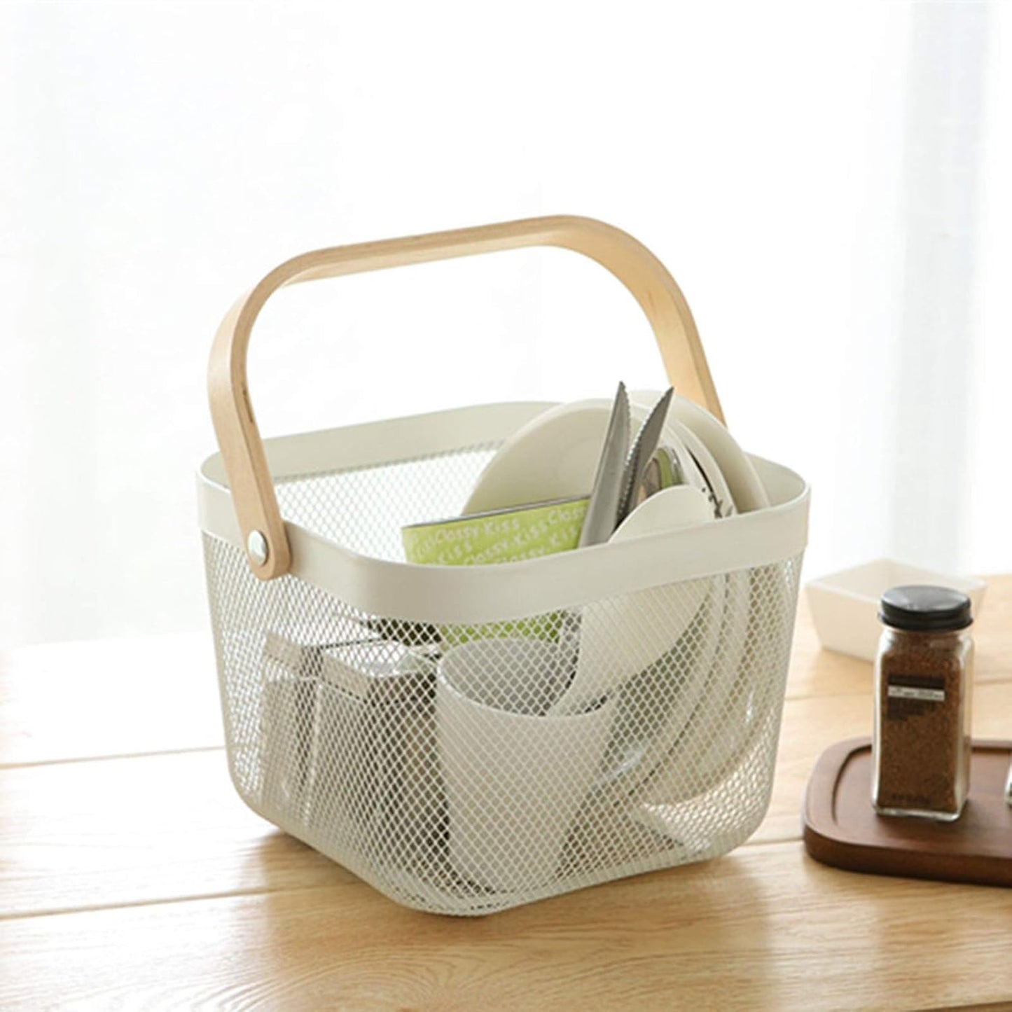 AJIODA 2 Pack Metal Mesh Steel Basket, Storage Organizer Basket Multi-function Hanging Kitchen Baskets Fruit Basket Bin with Wood Handle for Kitchen Bathroom Picnic Cabinet Home Decor, White