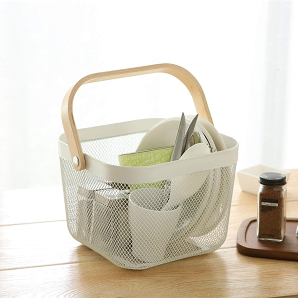 AJIODA 2 Pack Metal Mesh Steel Basket, Storage Organizer Basket Multi-function Hanging Kitchen Baskets Fruit Basket Bin with Wood Handle for Kitchen Bathroom Picnic Cabinet Home Decor, White