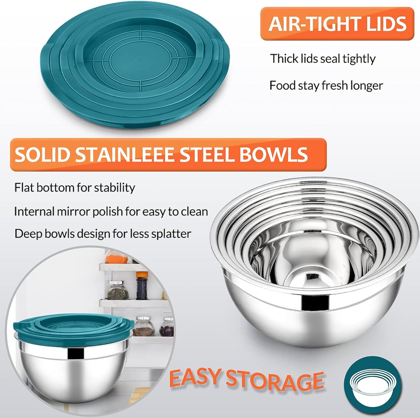 E-far Mixing Bowls with Lids Set of 5, Stainless Steel Mixing Bowls Metal Nesting Bowls with Airtight Lids, Non-toxic & Dishwasher Safe, Great for Cooking, Baking, Serving - Size 0.7/1/1.5/3/4.6QT