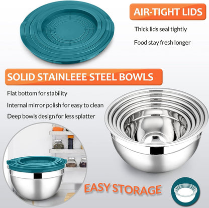 E-far Mixing Bowls with Lids Set of 5, Stainless Steel Mixing Bowls Metal Nesting Bowls with Airtight Lids, Non-toxic & Dishwasher Safe, Great for Cooking, Baking, Serving - Size 0.7/1/1.5/3/4.6QT