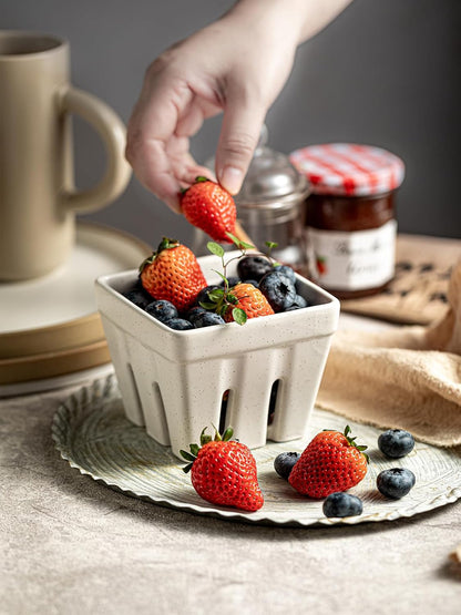 Gomakren Berry Bowls with Holes Ceramic, Berry Washing Bowl Basket Set of 2, 5.8 Inch Round Fruit Bowl Storage Containers, Strawberry Baskets, Farmhouse Kitchen Decor, Yellow + Brown