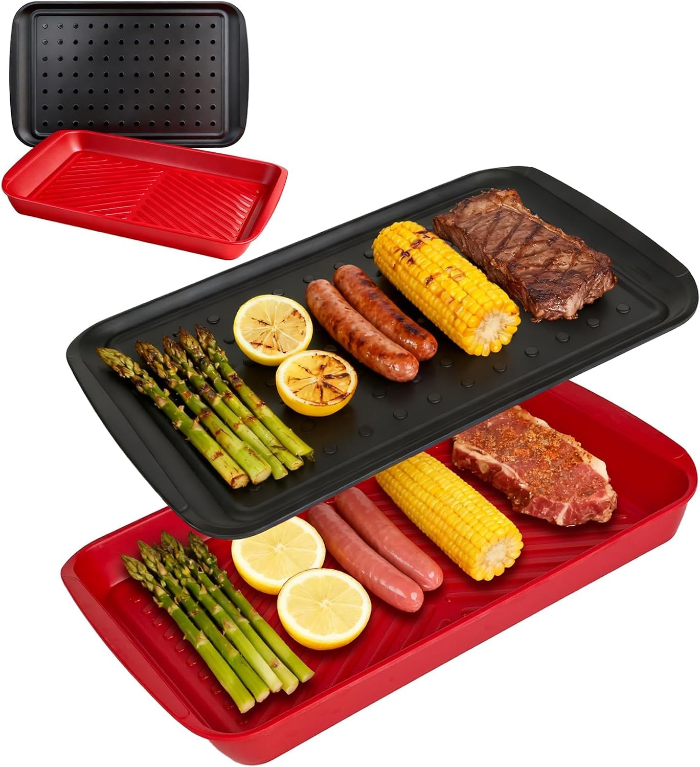 17 Inch Grilling Prep & Serve Trays with Non-Slip Base, Extra Thick,Warp-Resistant BBQ Platter Set for Cooking, Backyard Parties,Camping,Tailgating,Melamine Serving Trays for Food Prep,Red & Black