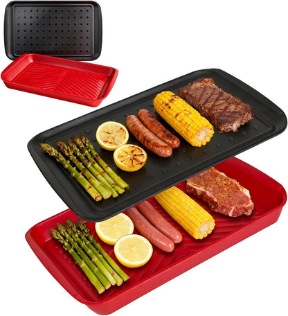 17 Inch Grilling Prep & Serve Trays with Non-Slip Base, Extra Thick,Warp-Resistant BBQ Platter Set for Cooking, Backyard Parties,Camping,Tailgating,Melamine Serving Trays for Food Prep,Red & Black