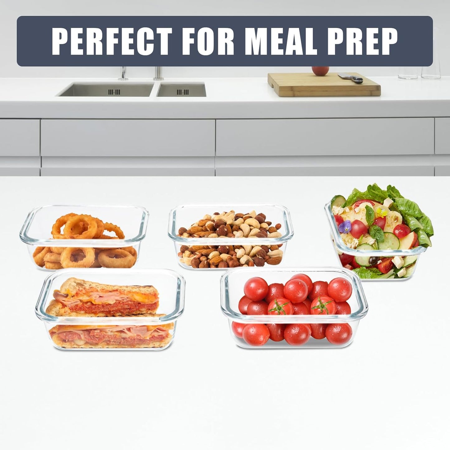 6Pack 22oz Glass Meal Prep Containers, Glass Food Storage Containers Sets with Snap Leak Proof Lids for Microwave, Oven, Freezer and Dishwasher Safe (Grey, 22oz)