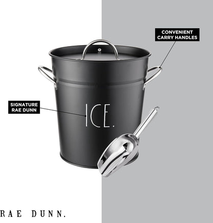 Rae Dunn Ice Bucket with Scoop - Stainless Steel Bucket with Handle, Lid and Ice Scooper - 4 Qt. Storage Bin for Ice Cubes for Bars, Parties, Backyard Barbeques, Picnics, and Camping (Black)
