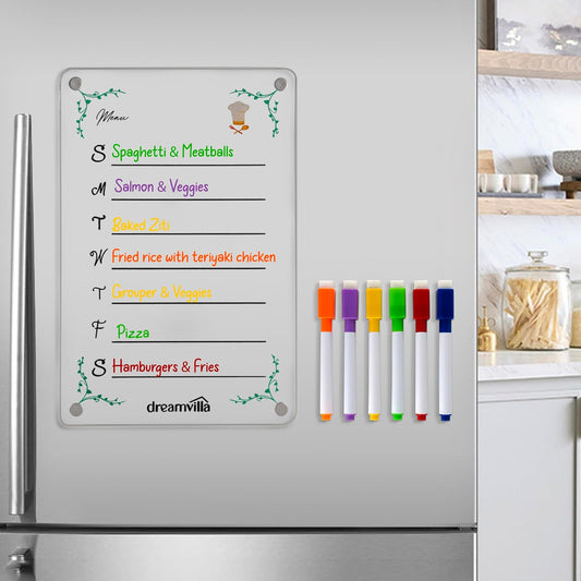 Acrylic Magnetic Menu Planner for Refrigerator – Dry Erase Board for Fridge with Markers, Clear Weekly Meal Planning Board, Kitchen Organizer for Grocery & Shopping List