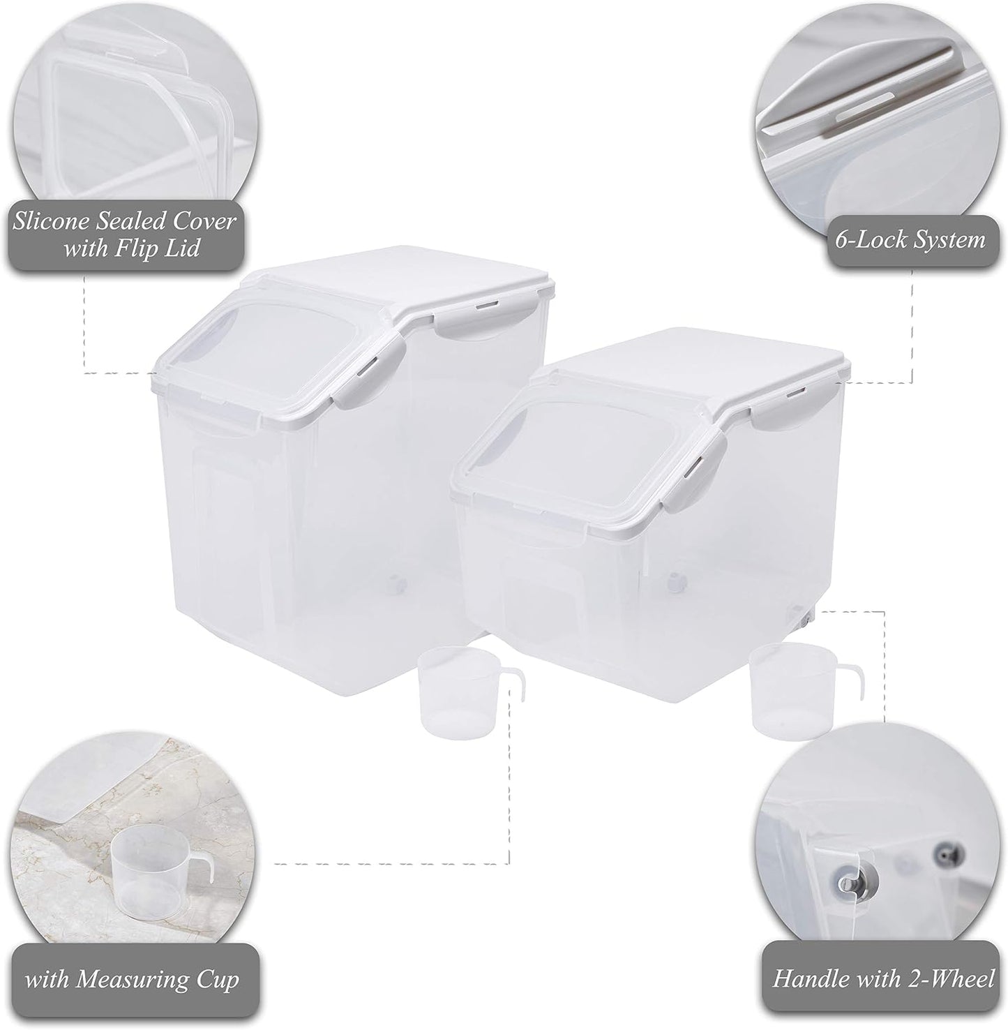HANAMYA Food Storage Container with Measuring Cup, BPA free, 50-Cup, For Rice | Grain | Pet Food | Flour, Clear & Off White