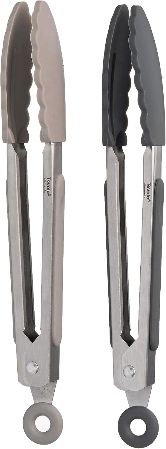 Tovolo Stainless Steel Tongs with Silicone Tips Set of 3 Mini 7” 9” 12 Inch with Easy Lock Mechanism for Cooking Grilling Air Fryer Serving, Red Black Charcoal Gray Heat Resistant Kitchen Tongs