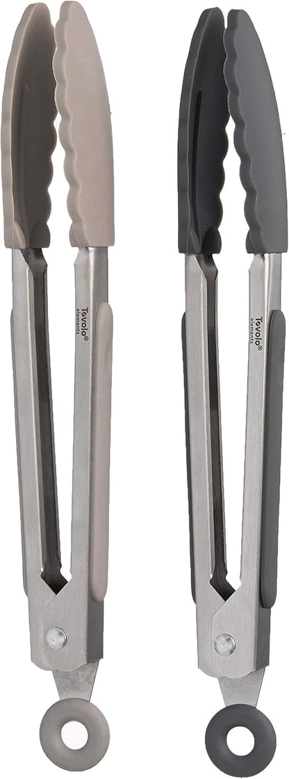 Tovolo Stainless Steel Tongs with Silicone Tips Set of 3 Mini 7” 9” 12 Inch with Easy Lock Mechanism for Cooking Grilling Air Fryer Serving, Red Black Charcoal Gray Heat Resistant Kitchen Tongs