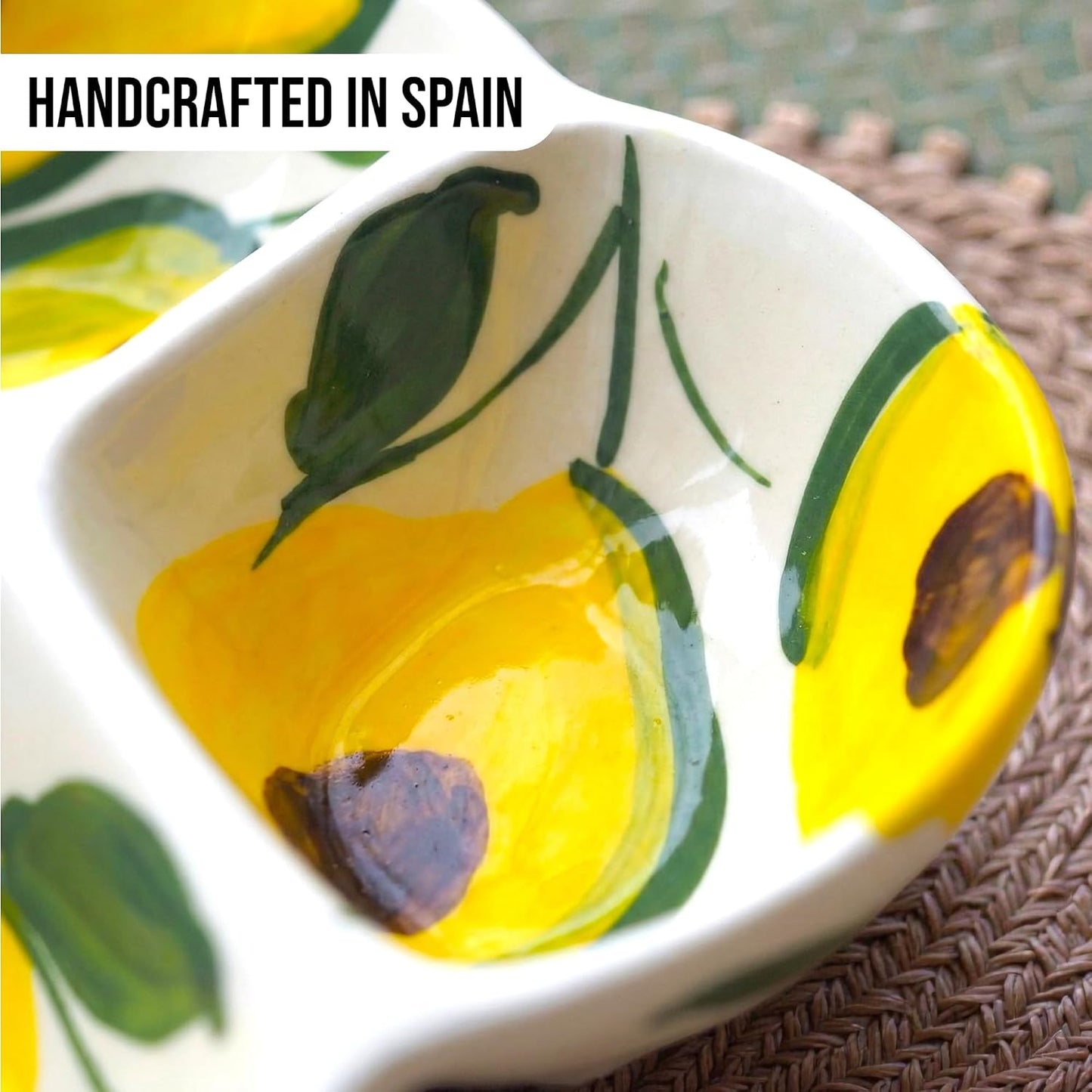 Ceramic Chip & Dip Bowl 7.5”, 3-Compartment Divided Serving Dish & Condiment Tray for Appetizers – Handmade in Spain, Lead-Free Glaze, Microwave, Oven & Dishwasher Safe