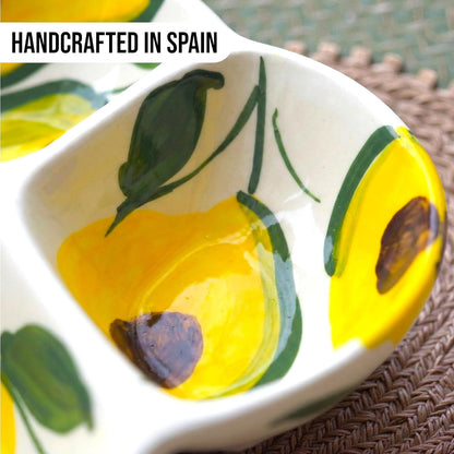 Ceramic Chip & Dip Bowl 7.5”, 3-Compartment Divided Serving Dish & Condiment Tray for Appetizers – Handmade in Spain, Lead-Free Glaze, Microwave, Oven & Dishwasher Safe