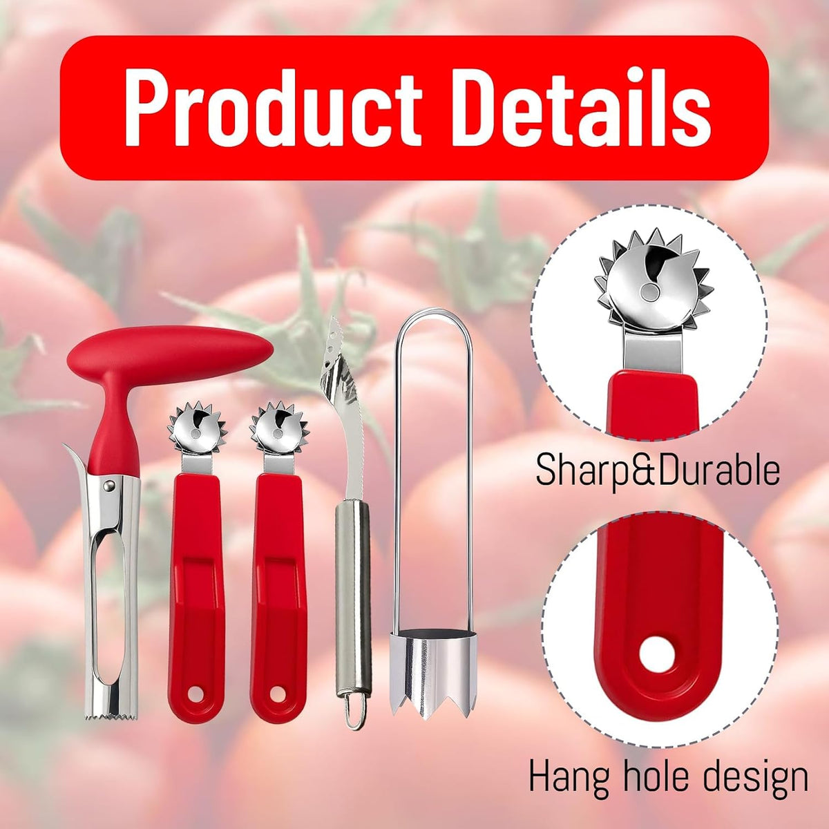 5 Pcs Tomato Tool, Apple Corer, Bell Pepper Corer, Pepper Corer Seed Remover Tool, Red and Stainless Steel Corers for Fruits and Vegetables, Easy to Use and Clean