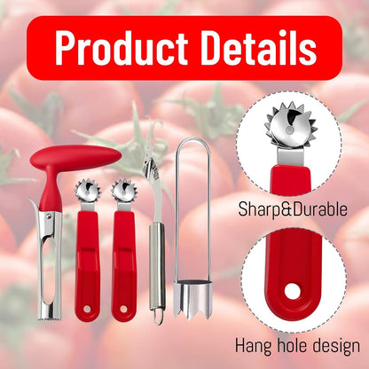 5 Pcs Tomato Tool, Apple Corer, Bell Pepper Corer, Pepper Corer Seed Remover Tool, Red and Stainless Steel Corers for Fruits and Vegetables, Easy to Use and Clean