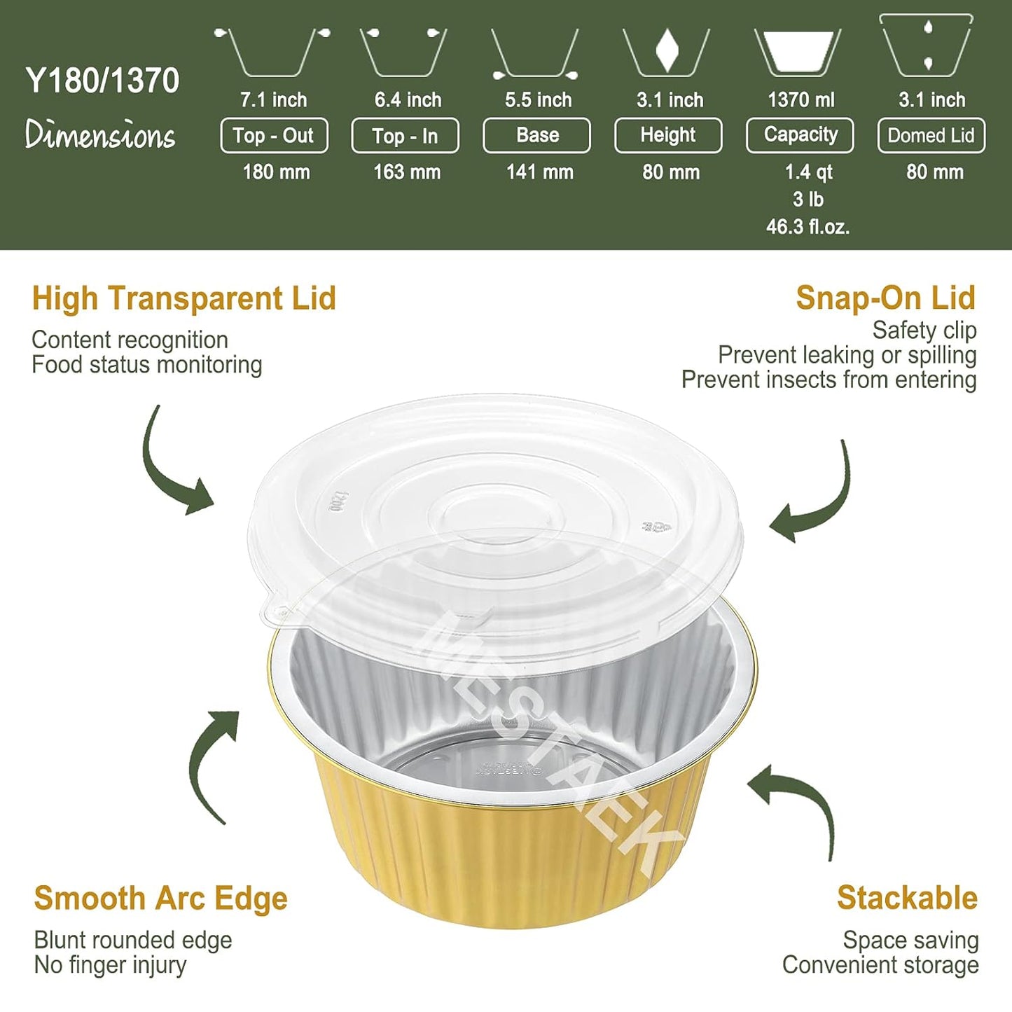 7.7" Round Aluminum Foil Containers with Lids (5 Pack) – Heavy Duty Disposable Takeout Pans for Meal Prep, Pasta, Casserole, Food Storage & Catering, 48oz