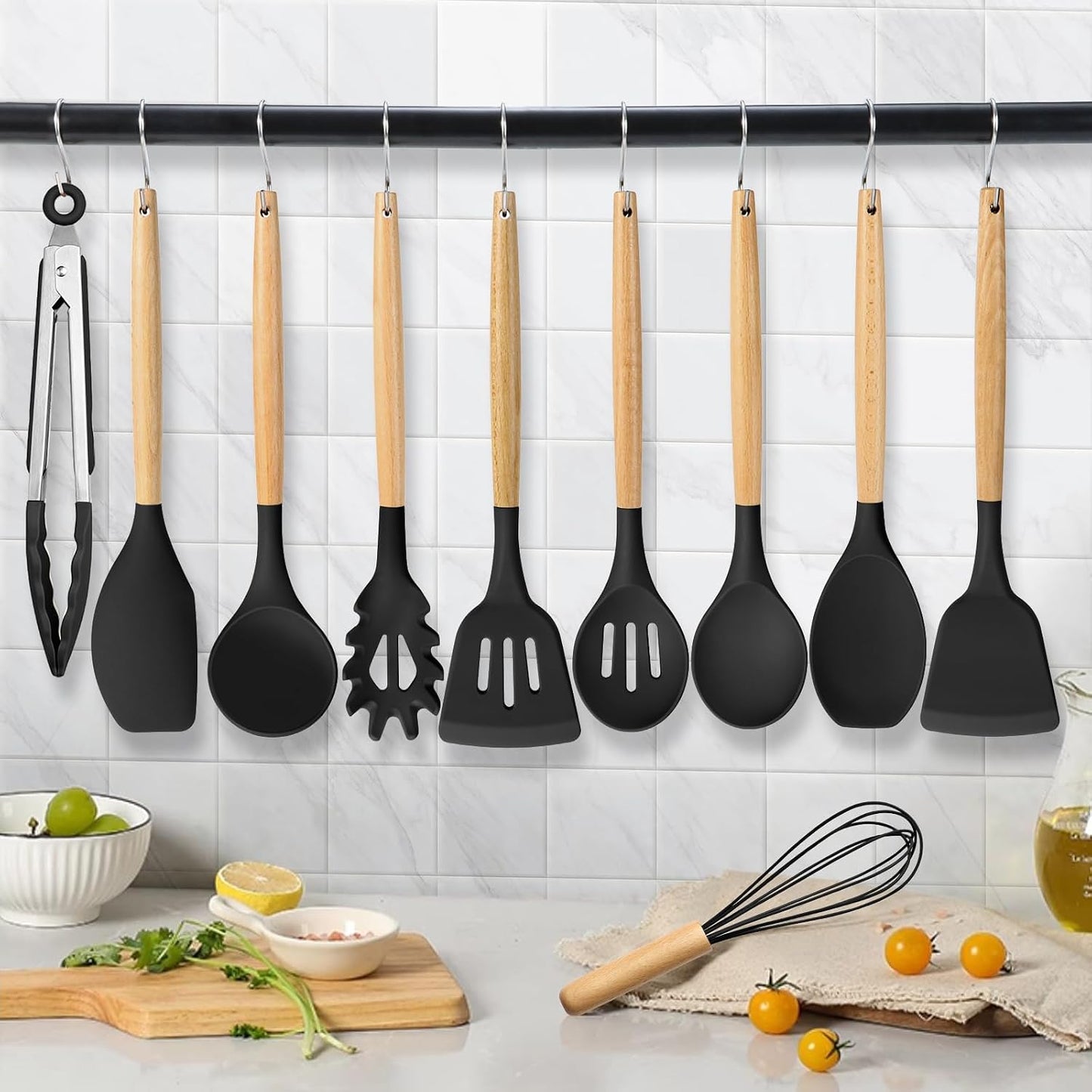 HaWare Silicone Cooking Utensils Set, 10-Piece Chef Kitchen Non-Stick Cookware with Wooden Handle, 450°F Heat Resistant - Khaki