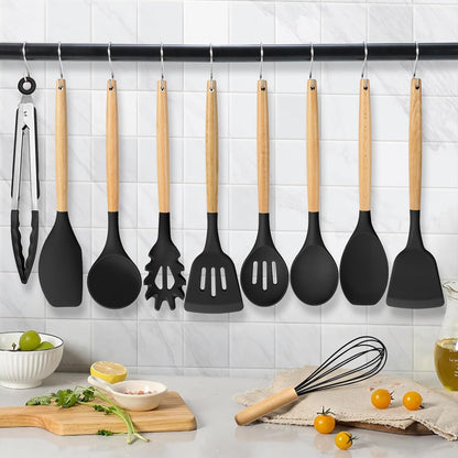 HaWare Silicone Cooking Utensils Set, 10-Piece Chef Kitchen Non-Stick Cookware with Wooden Handle, 450°F Heat Resistant - Khaki