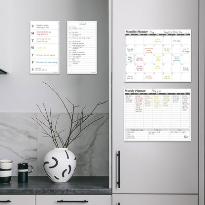 Non-Magnetic Dry Erase Calendar Set for Fridge - 14.5“x11.5 Reusable Monthly and Weekly Calendar - 6.5"x11.5" Menu and List Board Sticks to Most Smooth Surfaces - 6 Dry Erase Markers Included