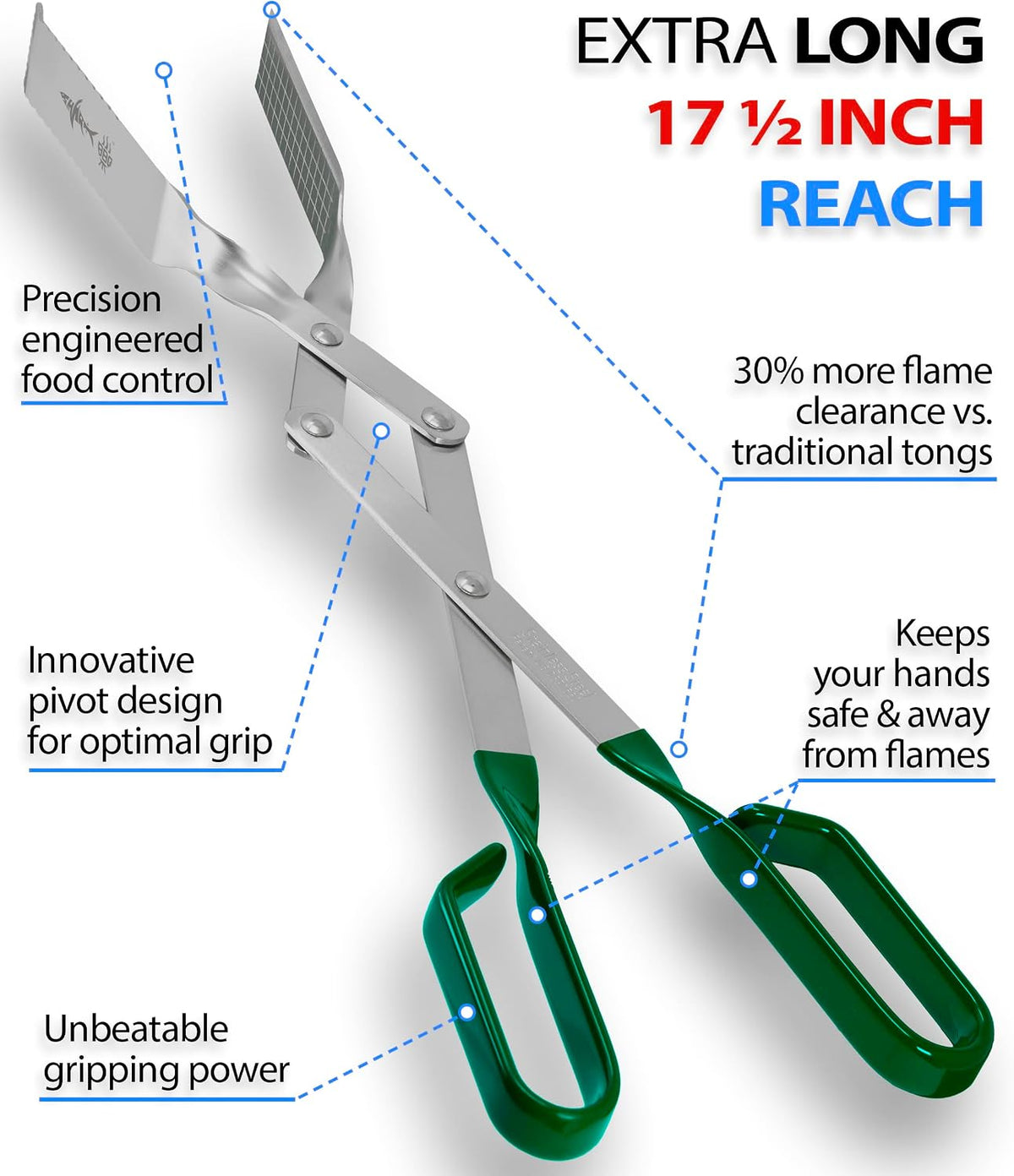 Steak Grill Tongs - 17 inch Red. Professional outdoor grilling utensil. Long reach Barbeque Grilling Tongs. Ideal for steak, fish, burger, and sausage