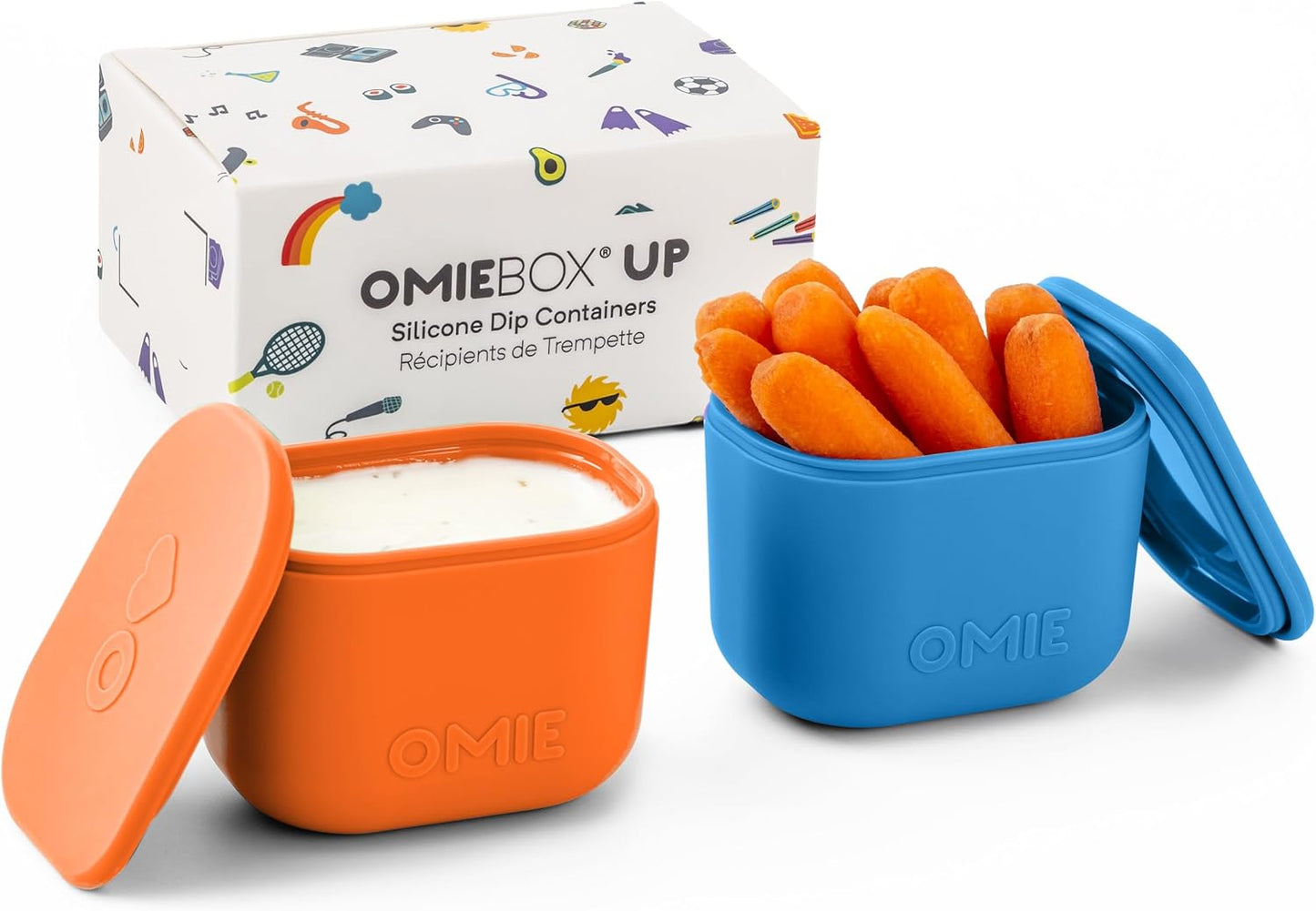 OmieBox (2 pack) Leakproof Dips Containers To Go, Salad Dressing Container, Condiment Container with Lids - Food Safe Silicone - 4 ounces (Blue/Lime)