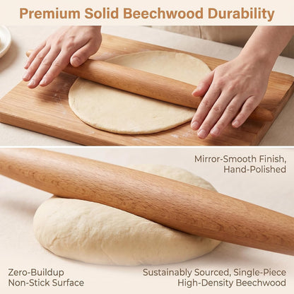 12.6 Inch French Rolling Pin, Tapered Solid Beechwood Dough Roller
