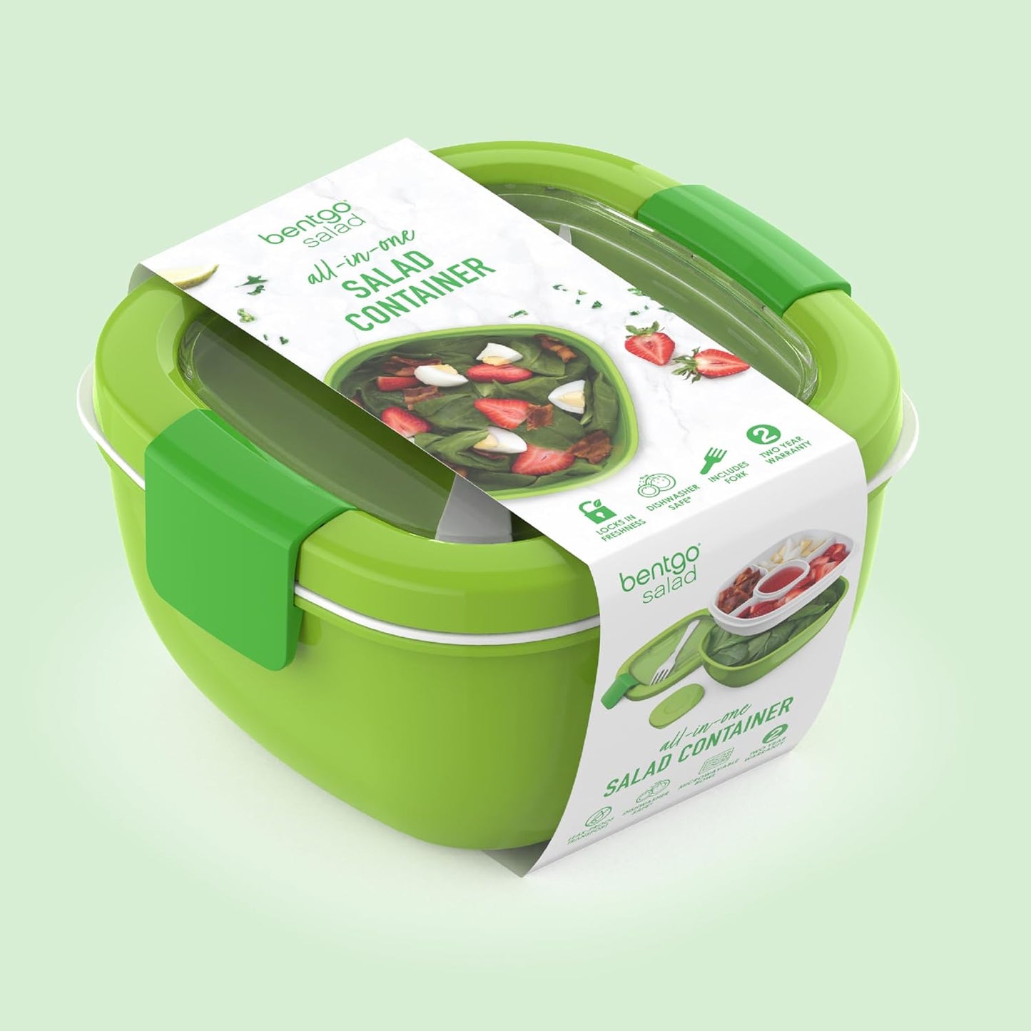 Bentgo Salad Container - 54 oz Bowl with 4-Compartment Toppings Tray, Leak-Proof Dressing Container, Reusable Fork, BPA-Free Lunch Box for Meal Prep & Food Storage; Removable Bento Tray (Khaki Green)