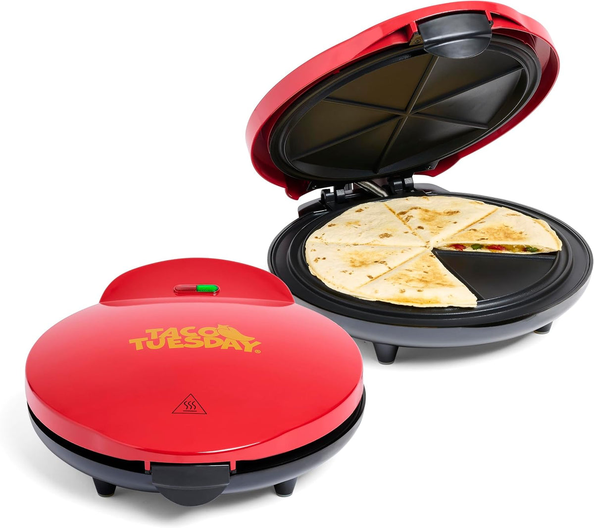 Taco Tuesday Deluxe 8-Inch 6-Wedge Electric Quesadilla Maker with Extra Stuffing Latch, Red