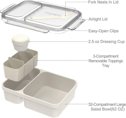 Caperci 2 Pack Salad Container for Lunch - 62 oz Large Bento Lunch Box for Adults, 2-Compartment Meal Prep Container with Removable Toppings Tray, Sauce Cup, Reusable Fork, BPA-Free (Purple & Green)