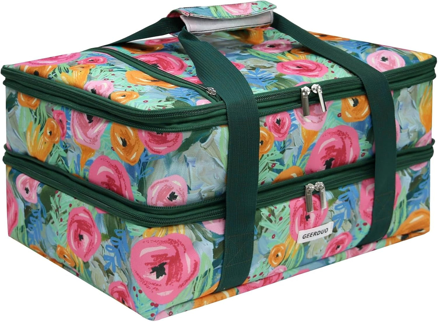 Double Decker Insulated Casserole Carrier, Expandable Thermal Food Warmer Bag Fits 9x13 Dish, Leak-Proof Potluck Lasagna Holder with Utensil Pocket for Picnic Party Cookout (Blue)