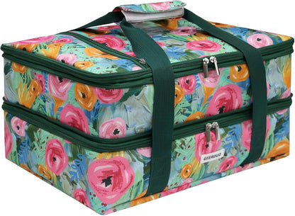 Double Decker Insulated Casserole Carrier, Expandable Thermal Food Warmer Bag Fits 9x13 Dish, Leak-Proof Potluck Lasagna Holder with Utensil Pocket for Picnic Party Cookout (Blue)