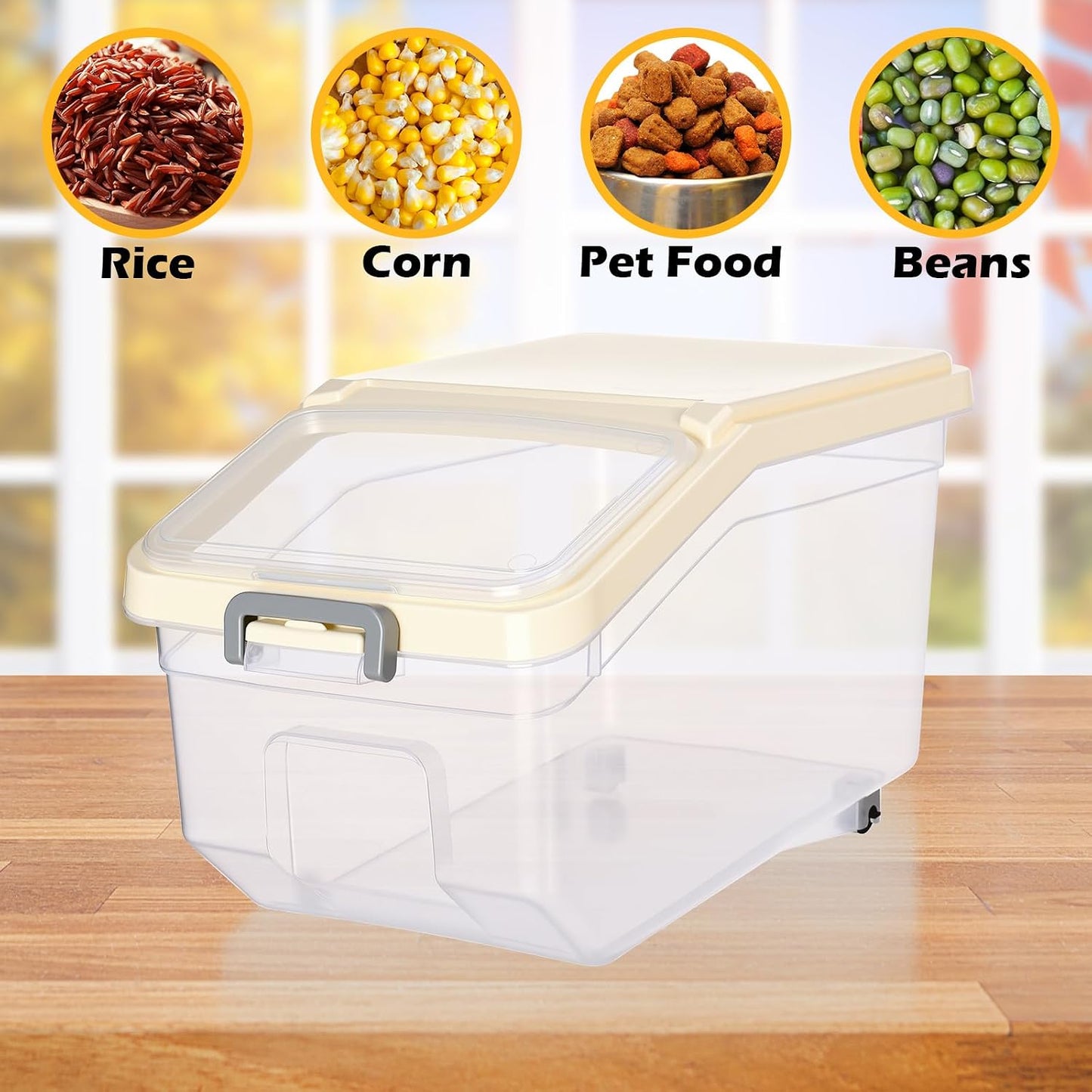 Sunnyray 4 Pcs Rice Storage Containers Bulk Flour Sugar Container Wheels Measuring Cups Set Airtight Pet Dog Cat Birds Food Bin Grain Cereal Organizer Box for Dry Baking (Beige,38 lb)