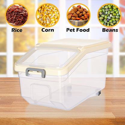 Sunnyray 4 Pcs Rice Storage Containers Bulk Flour Sugar Container Wheels Measuring Cups Set Airtight Pet Dog Cat Birds Food Bin Grain Cereal Organizer Box for Dry Baking (Beige,38 lb)