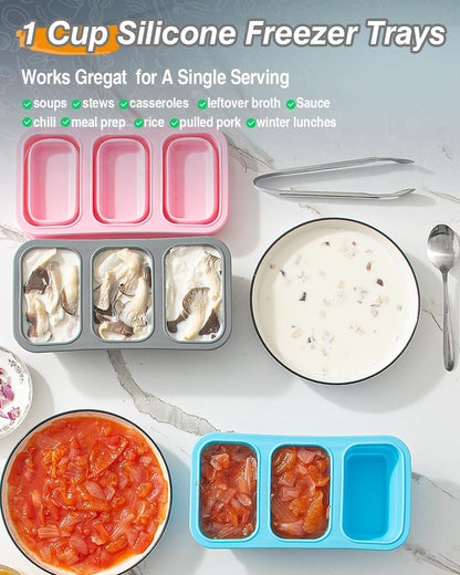 Silicone Freezer Trays With Lid, Stackable 1 Cup Silicone Freezer Molds, Easy To Use Soup Ice Cube Tray, Collapsible Freezing Molds for Meal Prep, Broth, Sauce, Leftovers, Soup Storage Gift Set
