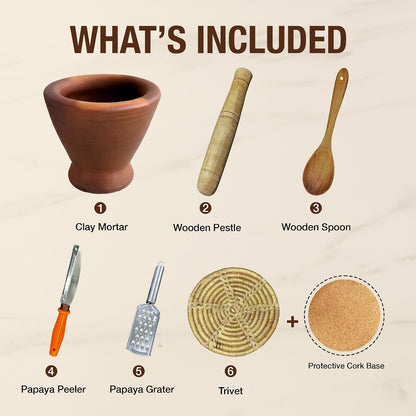 Thai Clay Mortar and Wooden Pestle Set for Som Tum, Authentic Papaya Salad Kit with Peeler, Grater & Spoon