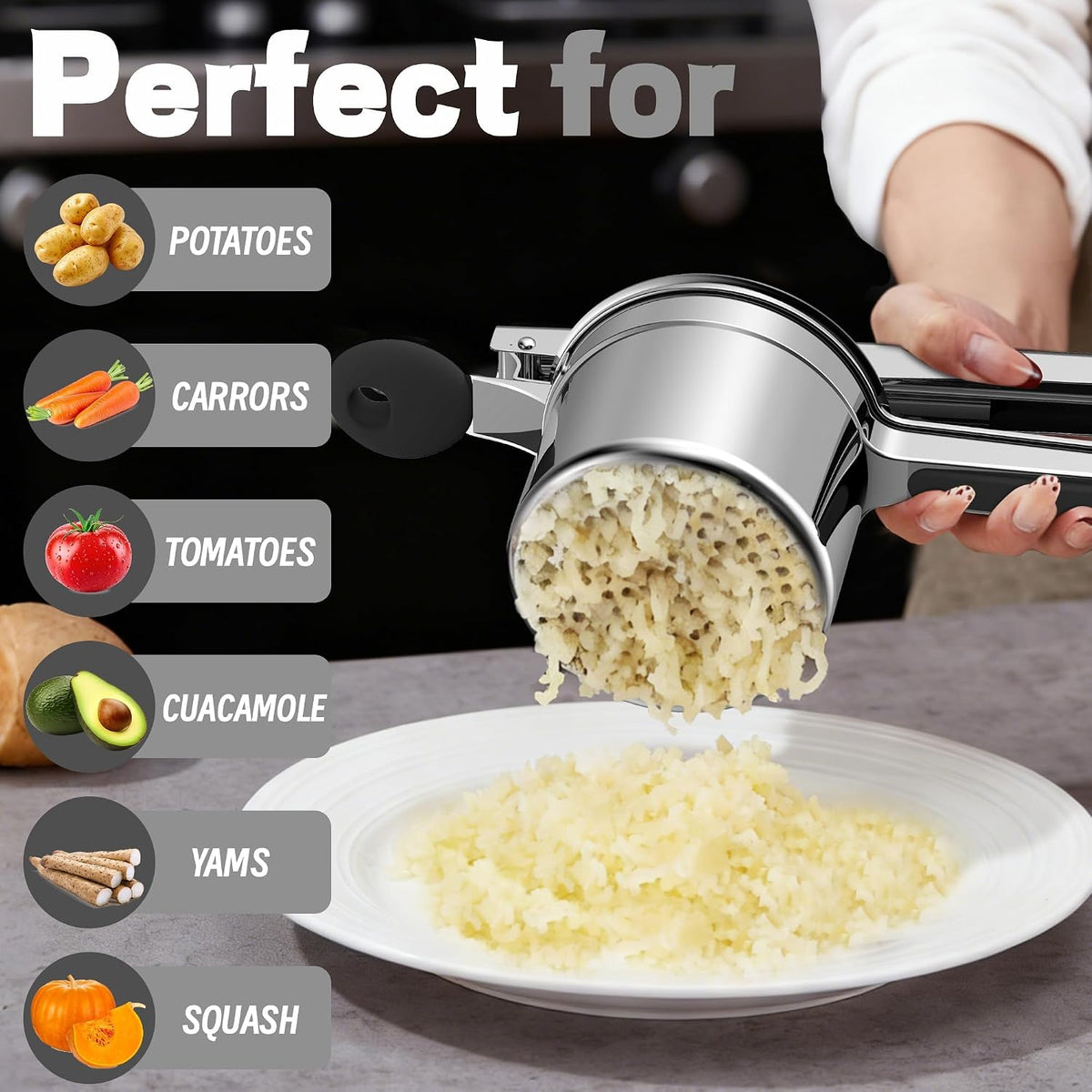 Large 15oz Potato Ricer for Mashed Potatoes, Heavy Duty 18/8 Stainless Steel Potato Masher for Baby Food & Spaetzle Maker, Masher and Ricer Kitchen Tool, Press and Mash Kitchen Gadget, Black