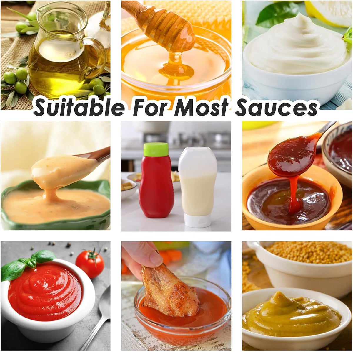 Condiment Squeeze Bottles for Ketchup Hot Sauce Liquids Oil with Caps for Condensed Milk and Mustard Salad Dressing Dispenser Clear Plastic Bottles Dressing Container HD PE BPA-free