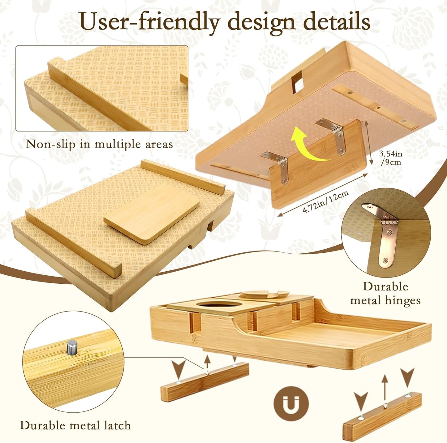 2-in-1 Bamboo Couch Tray – Insert & Flat Sofa Organizer with Anti-Slip Base,360° Rotating Phone Holder,Cup Holder, 15.3x9.8 in, Fit Seat Gaps or Armless,Sectional Sofa