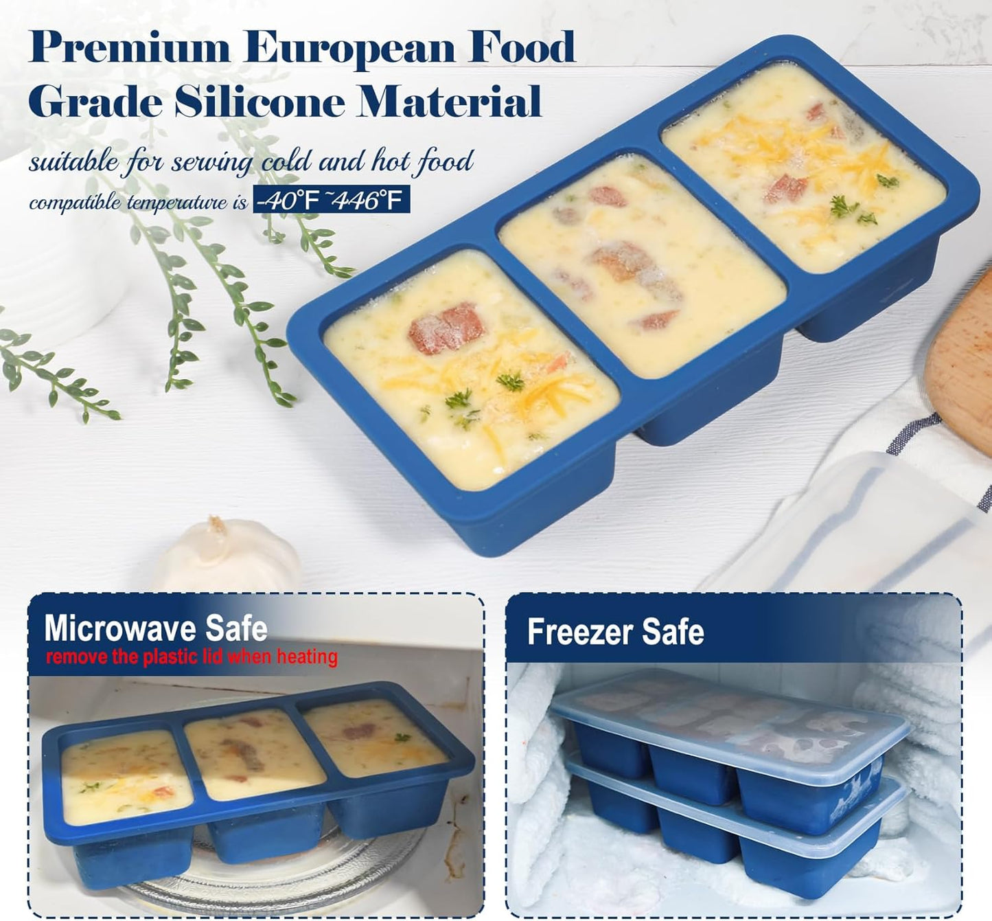 Koluti 2-Pack Nonstick Silicone 3 Soup Freezer Mold, 1-Cup Large Sauce Ice Tray with Plastic Lid, Stackable Freezing Maker Meal Prep Food Storage Container, Dishwasher Safe & BPA Free