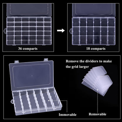 2 Pack Clear Bead Organizer Tackle Box with Adjustable Dividers for Jewelry Art Craft Containers 36 Grids Compartment with 5 Sheets Label Stickers