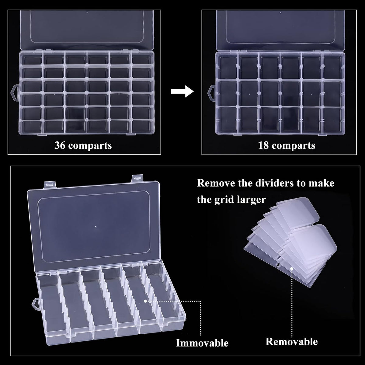 2 Pack Clear Bead Organizer Tackle Box with Adjustable Dividers for Jewelry Art Craft Containers 36 Grids Compartment with 5 Sheets Label Stickers