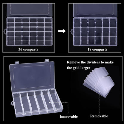 2 Pack Clear Bead Organizer Tackle Box with Adjustable Dividers for Jewelry Art Craft Containers 36 Grids Compartment with 5 Sheets Label Stickers
