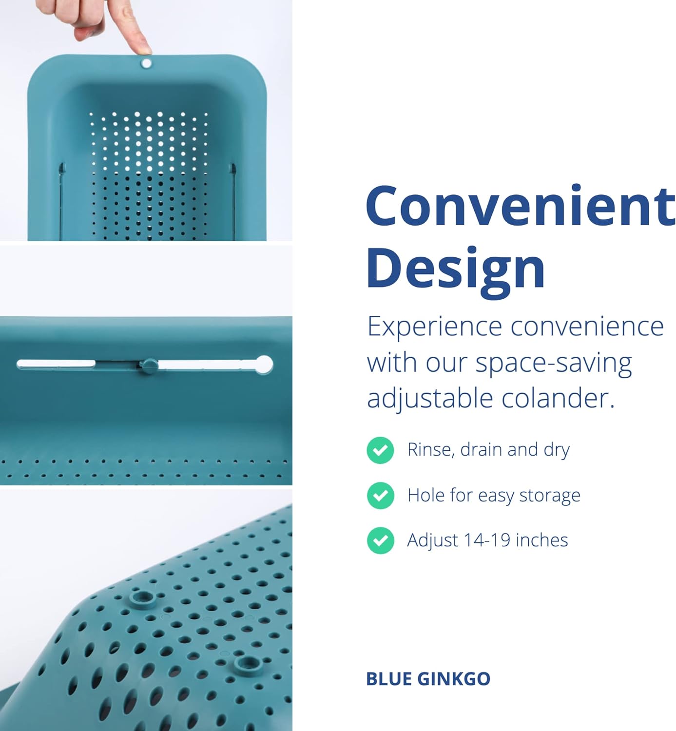 BLUE GINKGO Over the Sink Colander Strainer Basket - Wash Vegetables and Fruits, Drain Cooked Pasta and Dry Dishes - Extendable - New Home Kitchen Essentials (Grey, 1 Pack)