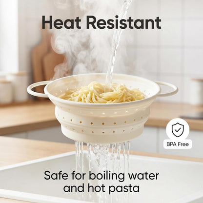 Collapsible Silicone Colander with Handles, Round Strainer with Stainless Steel Rim, Space Saving Kitchen Tool for Fruits & Vegetables,BPA-Free,Heat-Resistant Pasta Drainer(White, L)