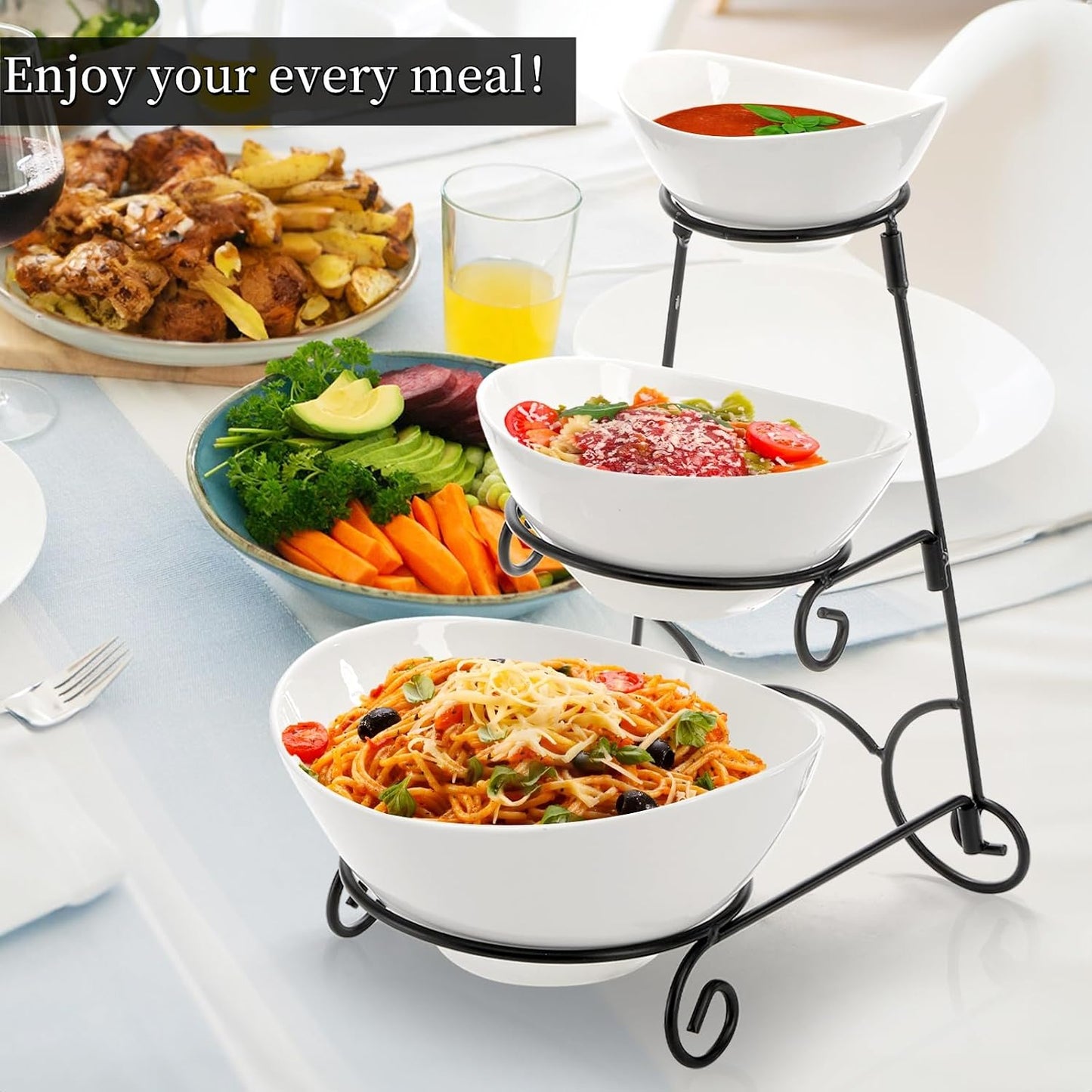 Covzoe 3 Tiered Serving Bowl Stand, Ceramic Chip and Dip Serving Dishes with Collapsible Metal Rack, Appetizer Serving Platters Food Display Stand for Fruit Dessert Parties Entertaining