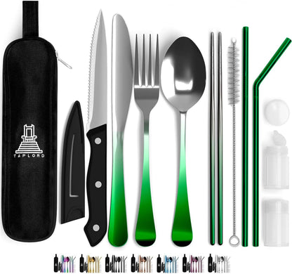 Taplord Portable Travel Silverware Set With Case, Includes 10 Pcs of Travel Utensils With Case, Stainless Steel Flatware Set For Camping, Lightweight (Multi-Color)