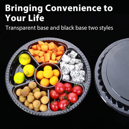 12Pcs Disposable Fruit Trays, Round Plastic Appetizer Serving Tray with Lid 5 Compartment Party Platters Divided Food Dip Containers for Snack Vegetable Salad Veggie Fruit Organizer-Black