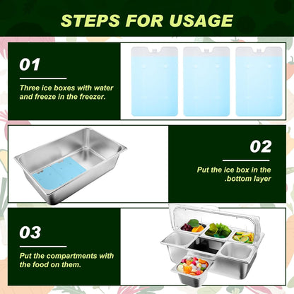 Condiment Tray Stainless Steel Serving Display Set with Lid for Buffet Restaurant Kitchen, Food Chilled Container for Salad Fruit Condiments, Keeps Food Fresh with Ice Box(6 Compartments)