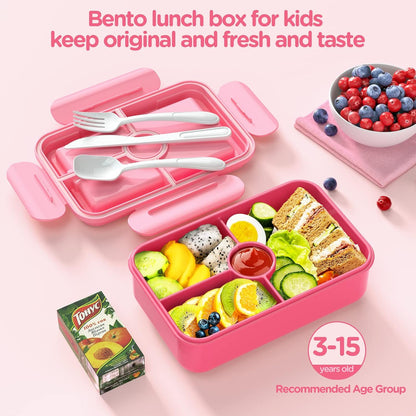 Jelife Bento Lunch Box for Kids - Leakproof Large Bento-Style with 4 Compartments Portions Lunchbox with Tableware Back to School, Reusable On-the-Go Meal and Snack Packing, Blue