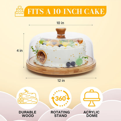 Rotating Cake Stand with Lid, 12'' Wood Food Plate with Cover, Serving Tray, Fruit Platter, Salad Bowl, Dessert Table Display & Acrylic Cake Dome Cover for Party